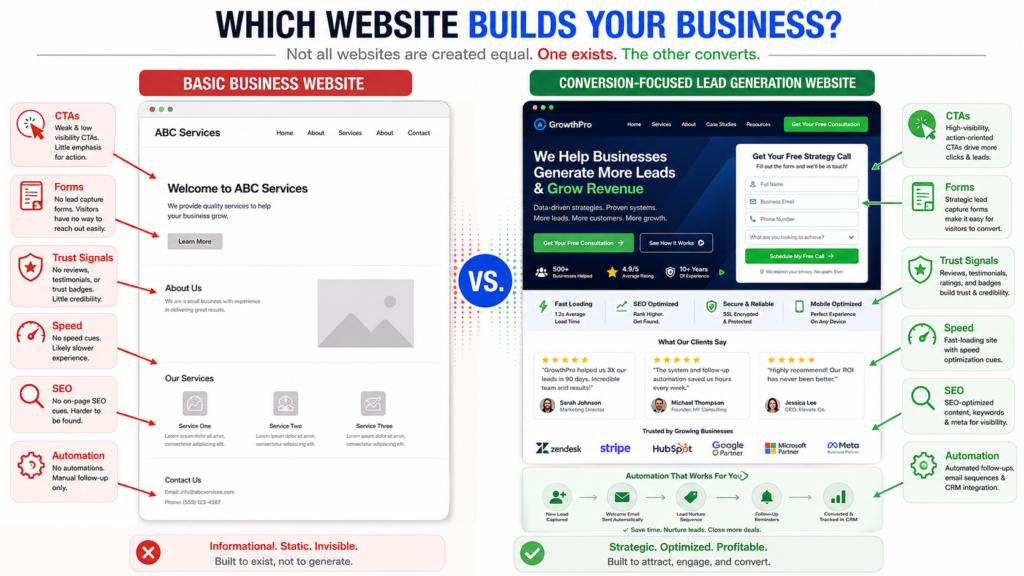 Comparison of a basic business website and a conversion-focused lead generation website.