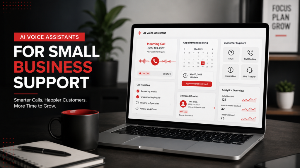 AI voice assistant for small business answering calls and managing customer support.