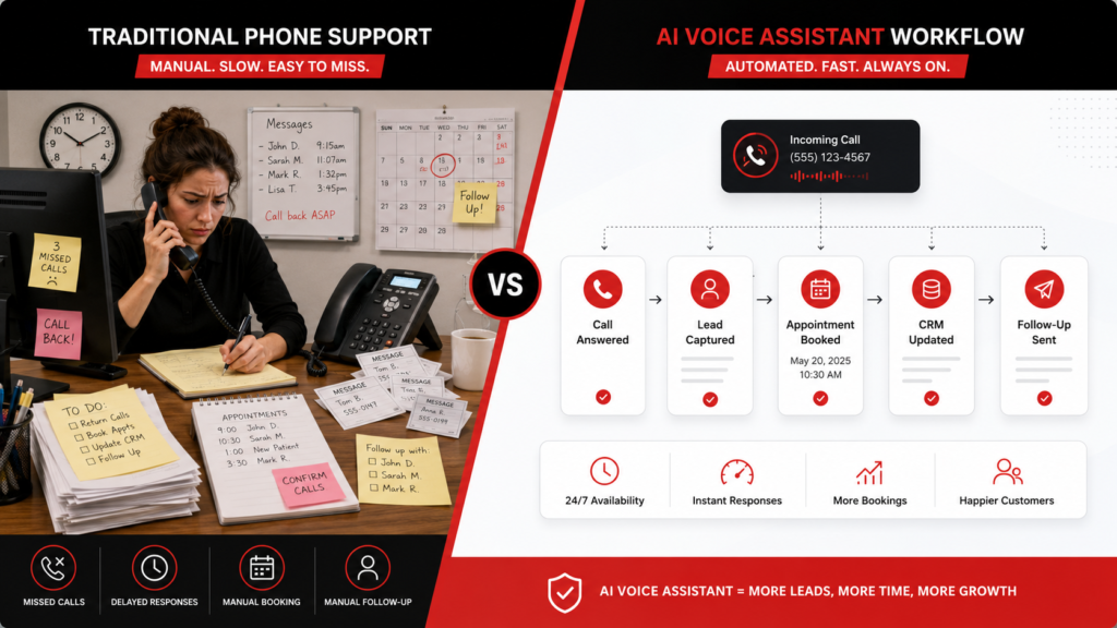 AI voice assistant workflow compared with traditional phone support for small businesses.
