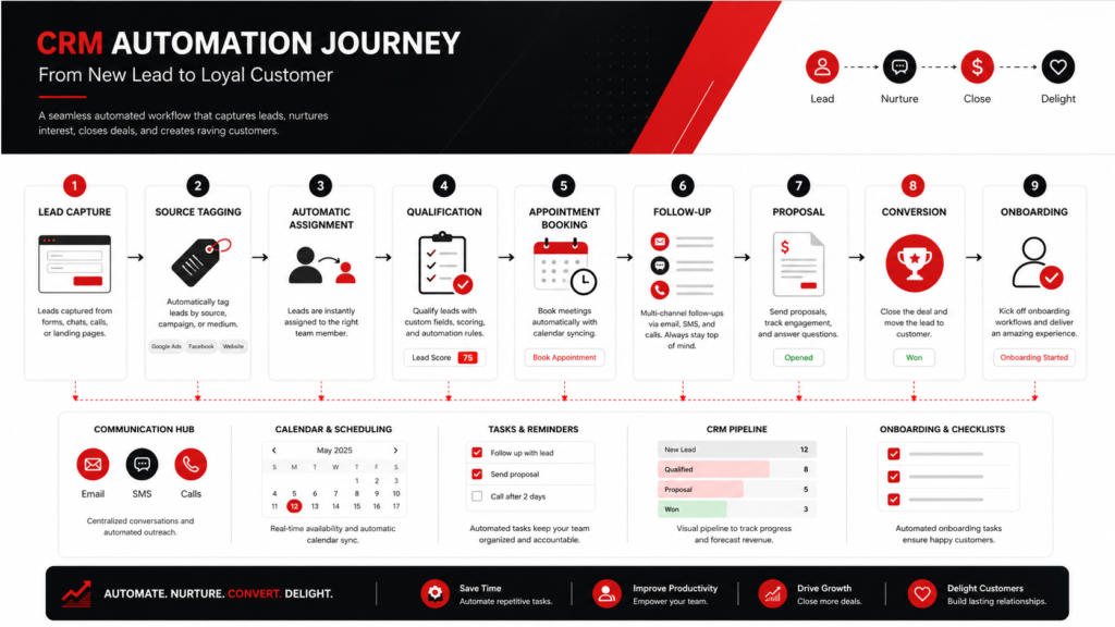 CRM automation workflow from lead capture and nurturing to conversion and customer onboarding.