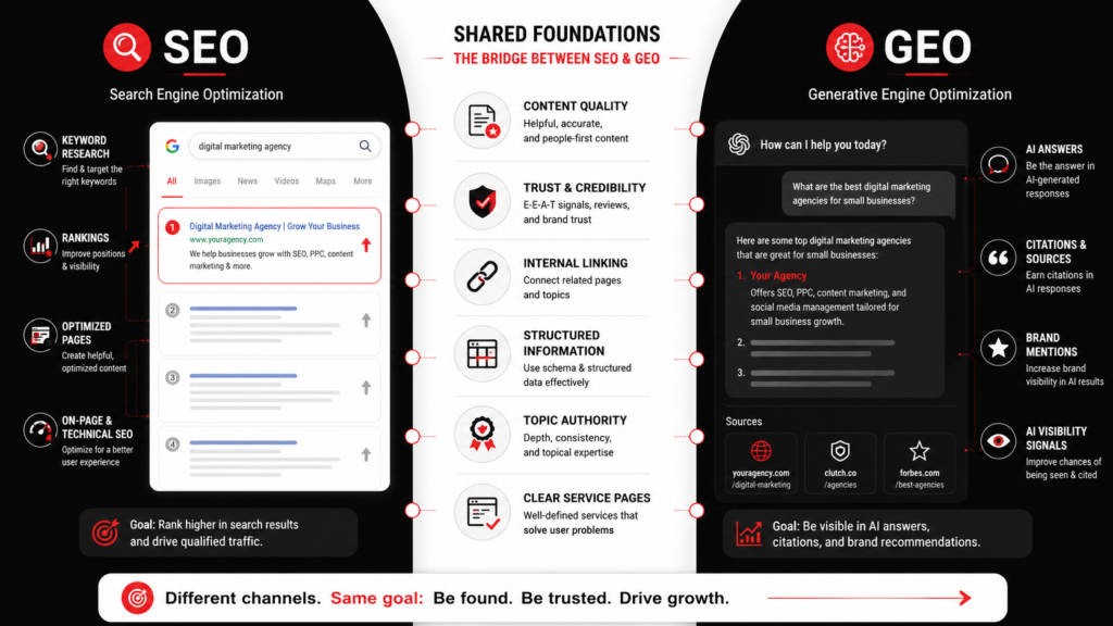 Comparison of SEO and generative engine optimization for AI search visibility.