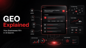 Generative engine optimization dashboard showing AI search visibility and business website connections.
