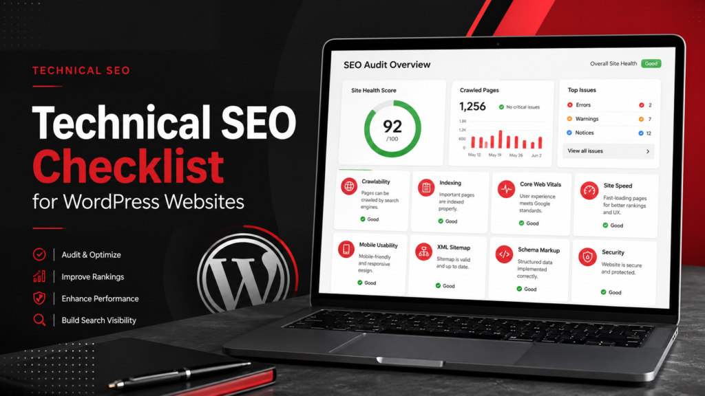Technical SEO checklist dashboard for WordPress website audit and optimization.