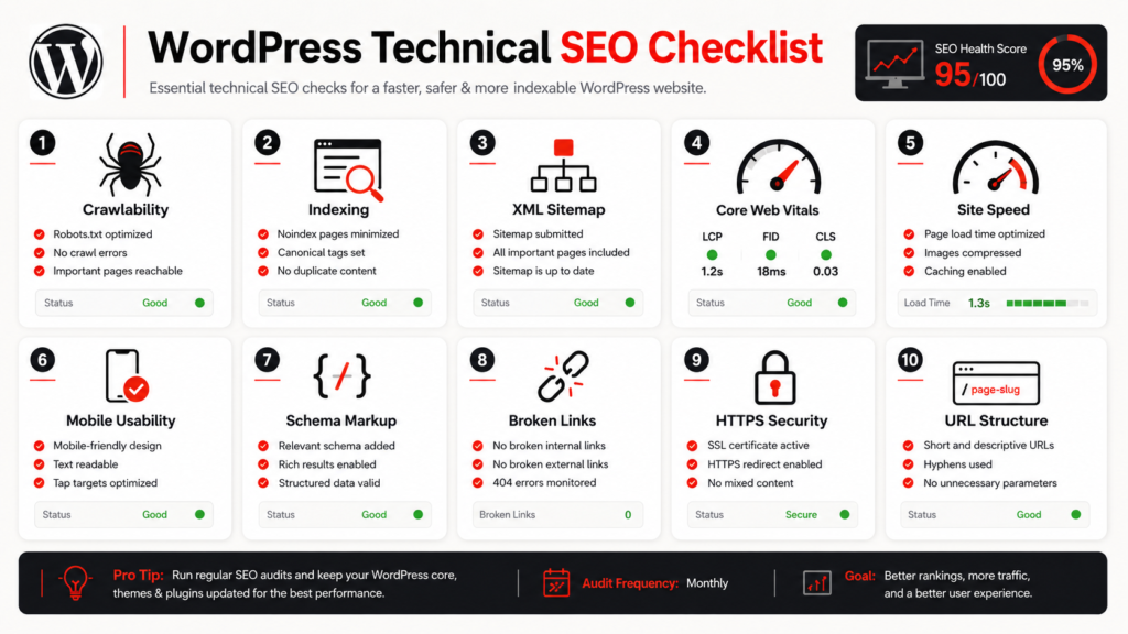 WordPress technical SEO checklist covering crawlability, indexing, Core Web Vitals, and site speed.